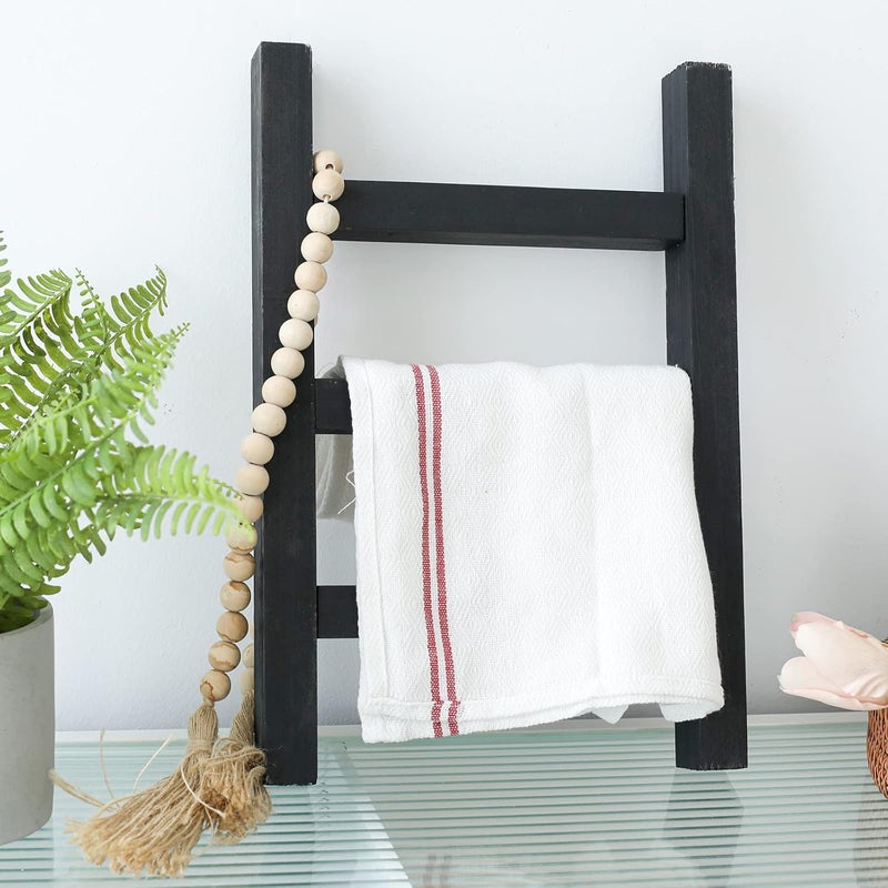 FUIN Wooden Tea Towel Ladder, Mini Ladder Towel Rack Display Hanger, Small Rustic Farmhouse Tea Towel Stand Holder for Country Bathroom Decor, Black - Image 2